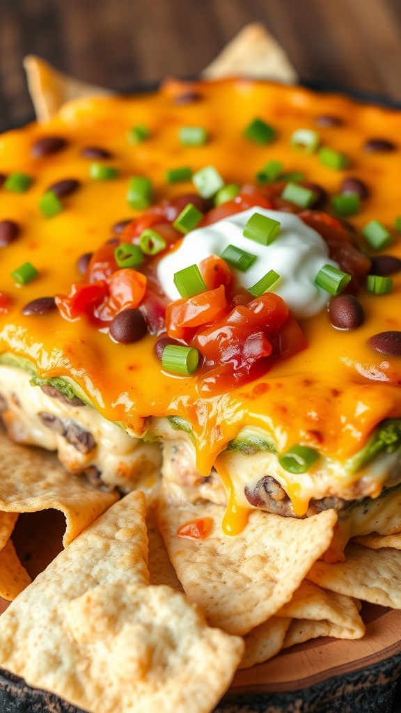 Baked five layer dip with beans, guacamole, salsa, sour cream, and cheese, served with tortilla chips.
